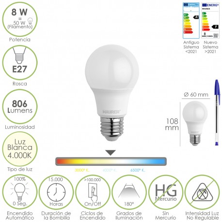 Bombilla Led Estandar Rosca E27. 8 Watt. Equivale A 65 Watt. 806 Lumenes. Luz Neutra (4000º K.)